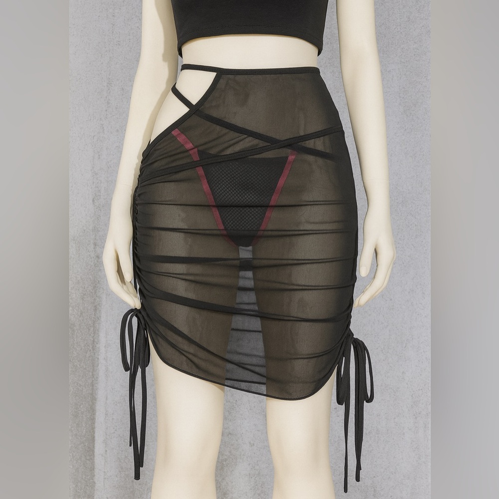 DARKER WAVS Pitch Washed Stretch Mesh Jersey Knit V-Cut Skirt Ruched Black XL